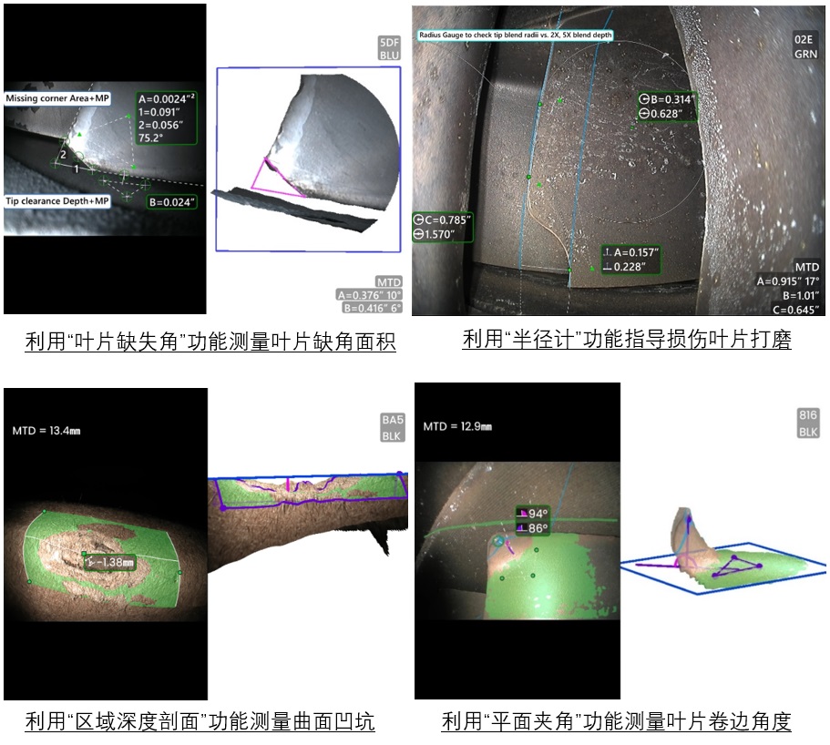 葉片缺失角、半徑計、區(qū)域深度剖面、平面夾角等測量模式
